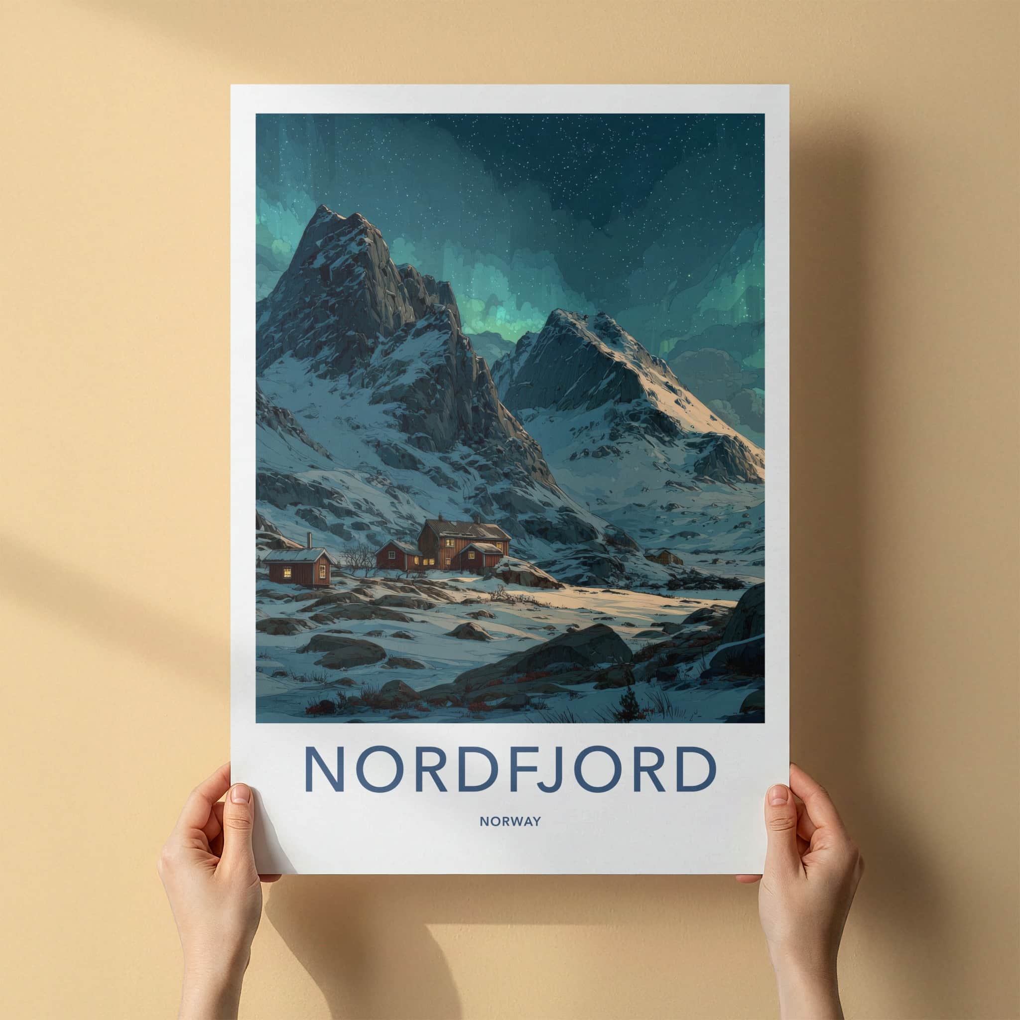 Nordfjord Poster - Norway Travel Art - Snowy Mountain Cabins Home Decor