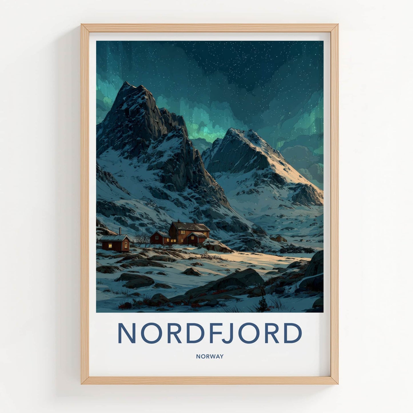 Nordfjord Poster - Norway Travel Art - Snowy Mountain Cabins Home Decor