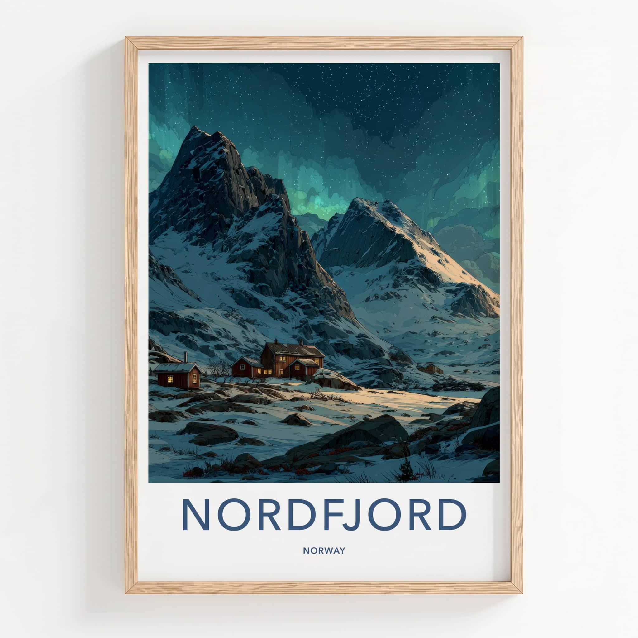 Nordfjord Poster - Norway Travel Art - Snowy Mountain Cabins Home Decor