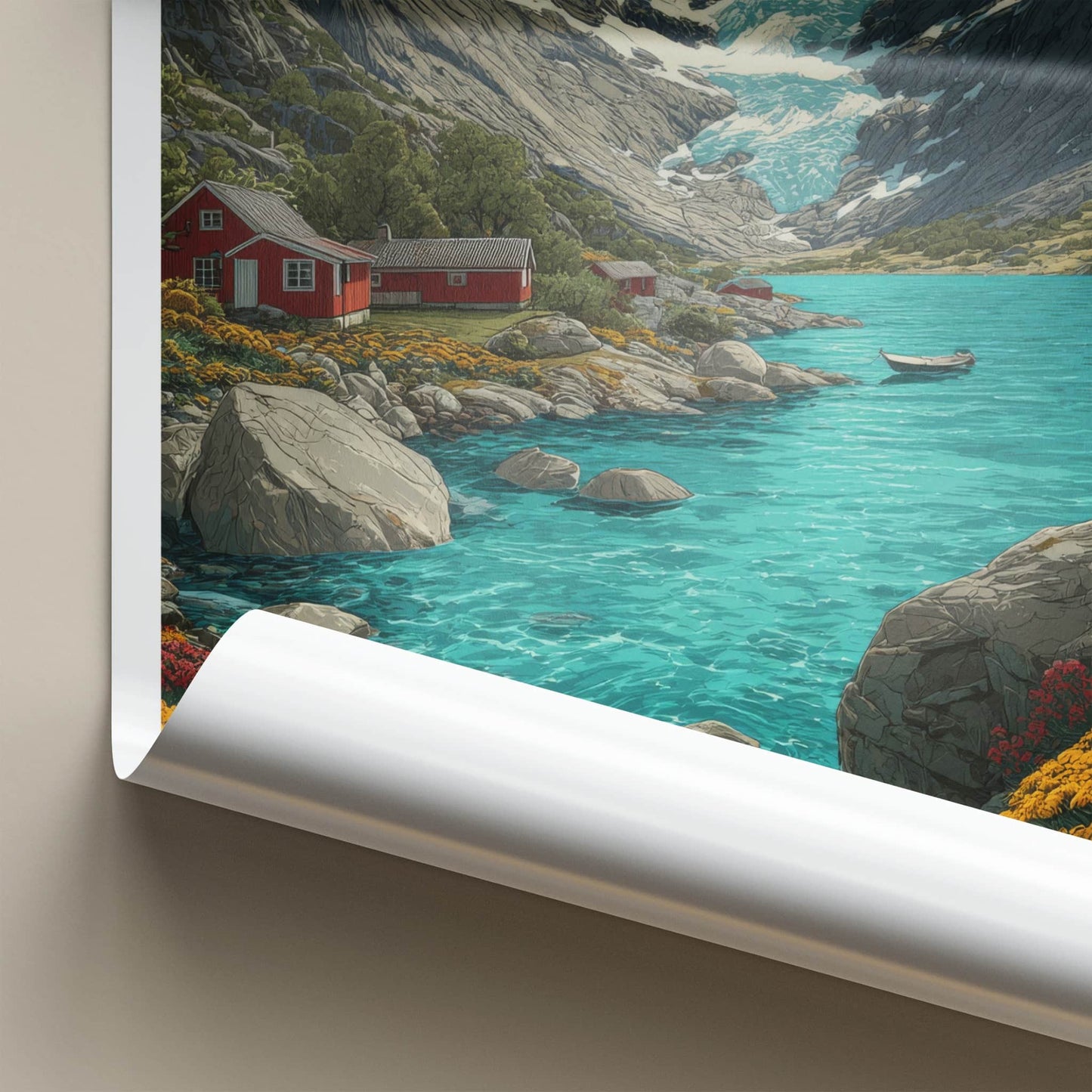 Nordfjord Poster - Norway Wall Art - Mountain Glacier Cabins Home Decor