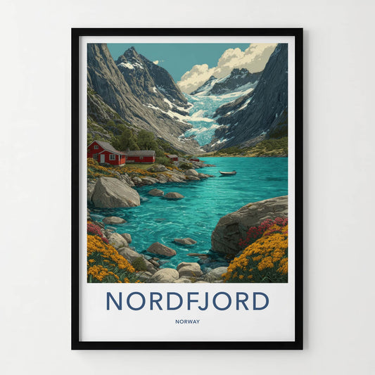 Nordfjord Poster - Norway Wall Art - Mountain Glacier Cabins Home Decor