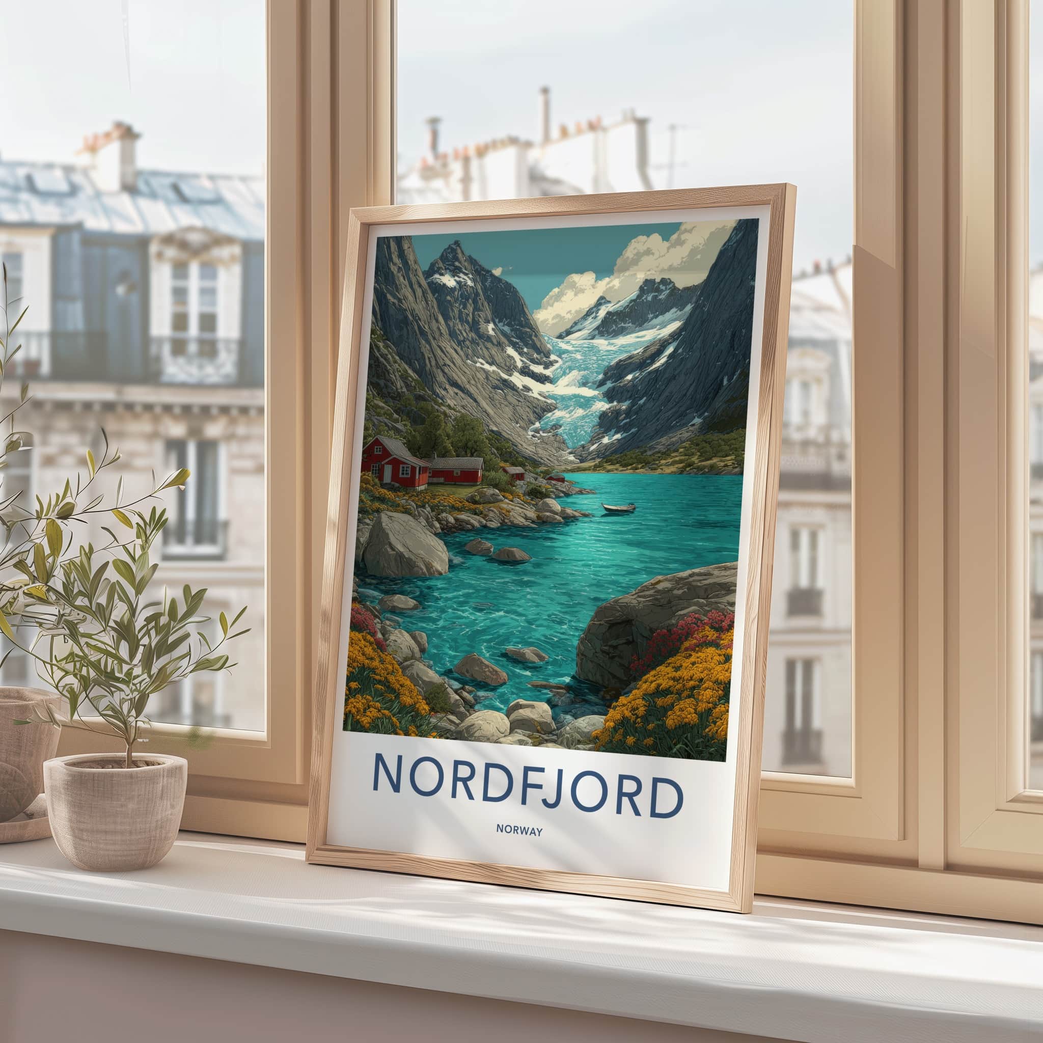 Nordfjord Poster - Norway Wall Art - Mountain Glacier Cabins Home Decor