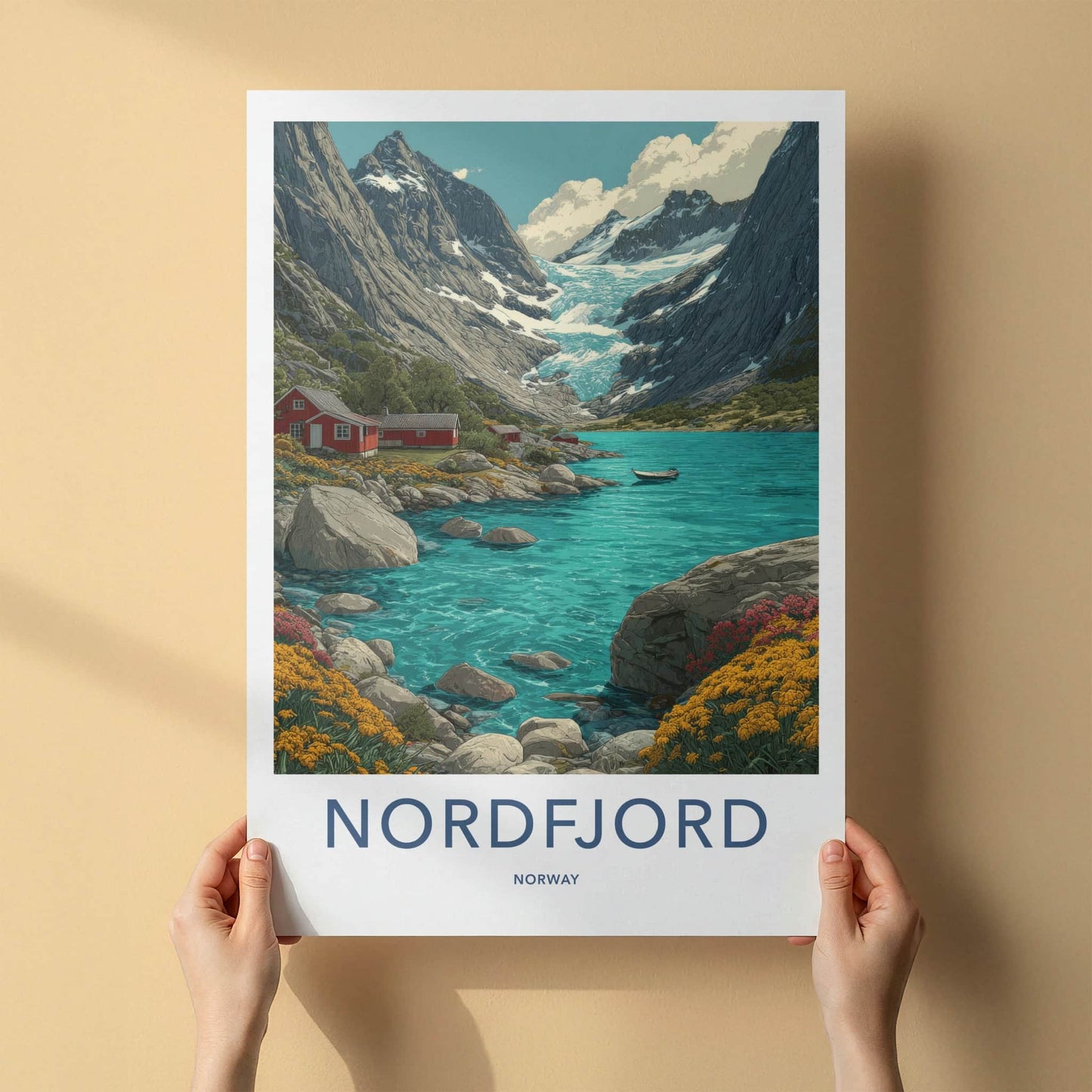 Nordfjord Poster - Norway Wall Art - Mountain Glacier Cabins Home Decor