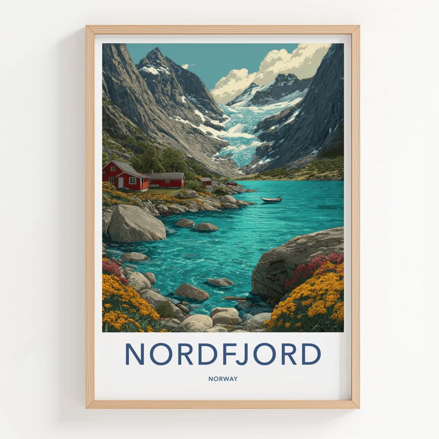 Nordfjord Poster - Norway Wall Art - Mountain Glacier Cabins Home Decor