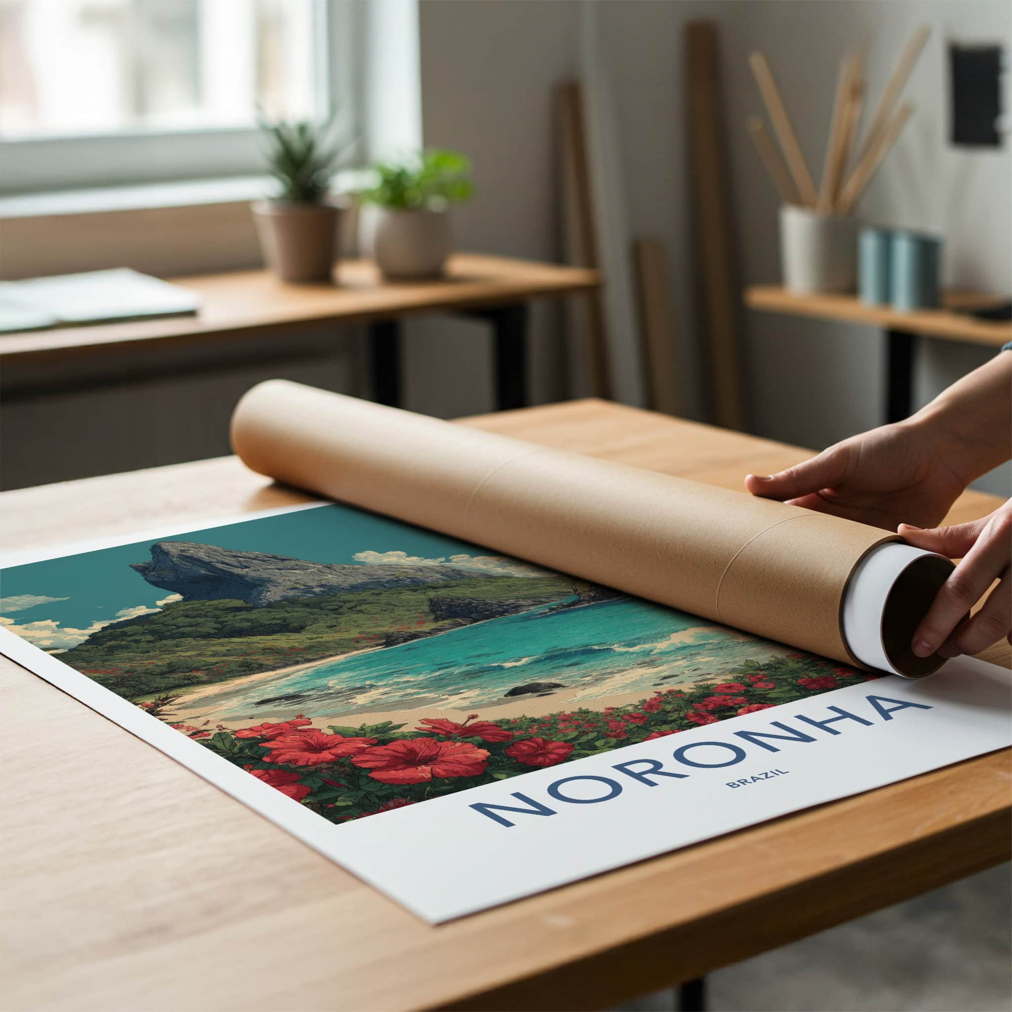 Noronha Poster - Brazil Framed Art - Mountain Beach Hibiscus Home Art