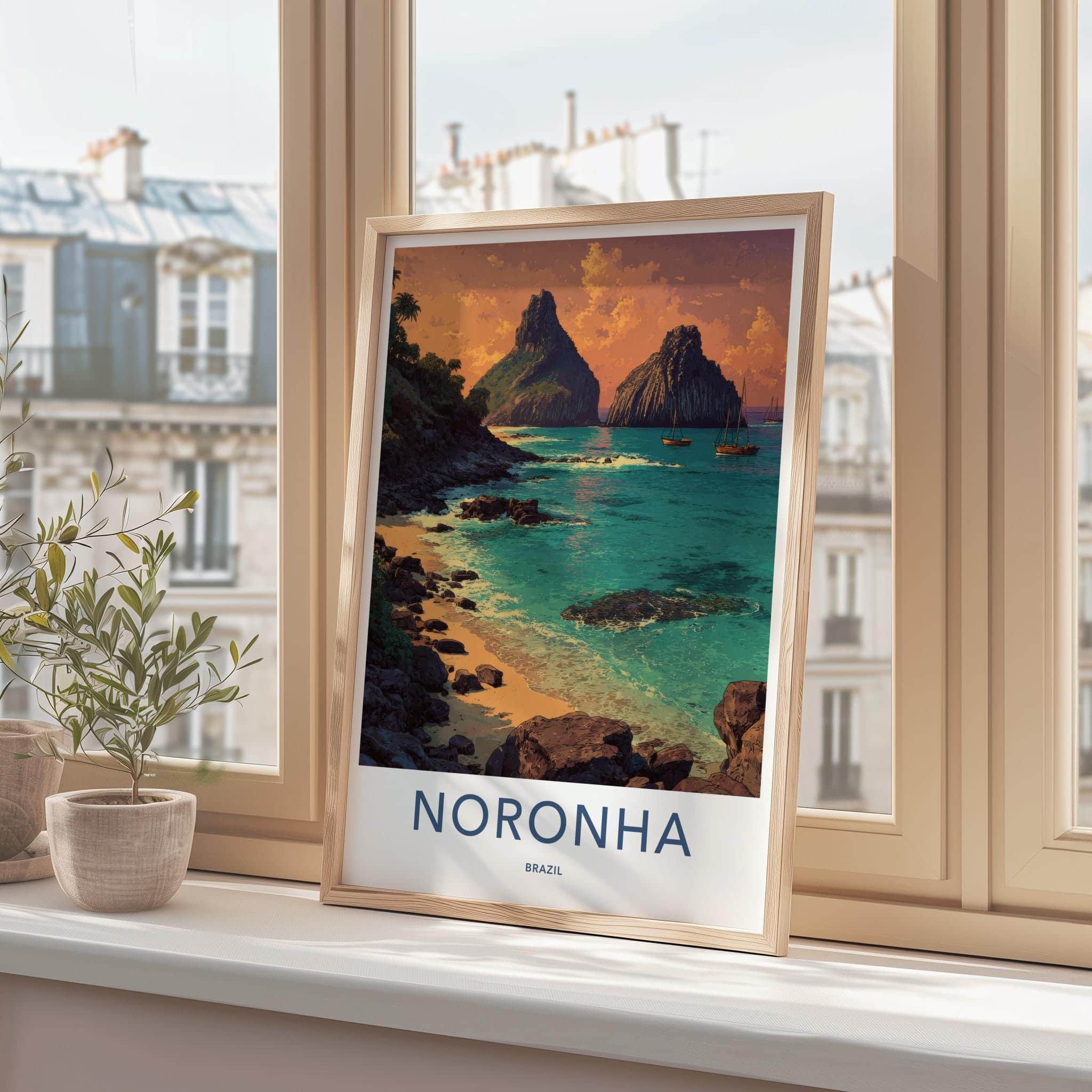 Noronha Poster - Brazil Travel Art - Volcanic Beach Sunset Home Decor