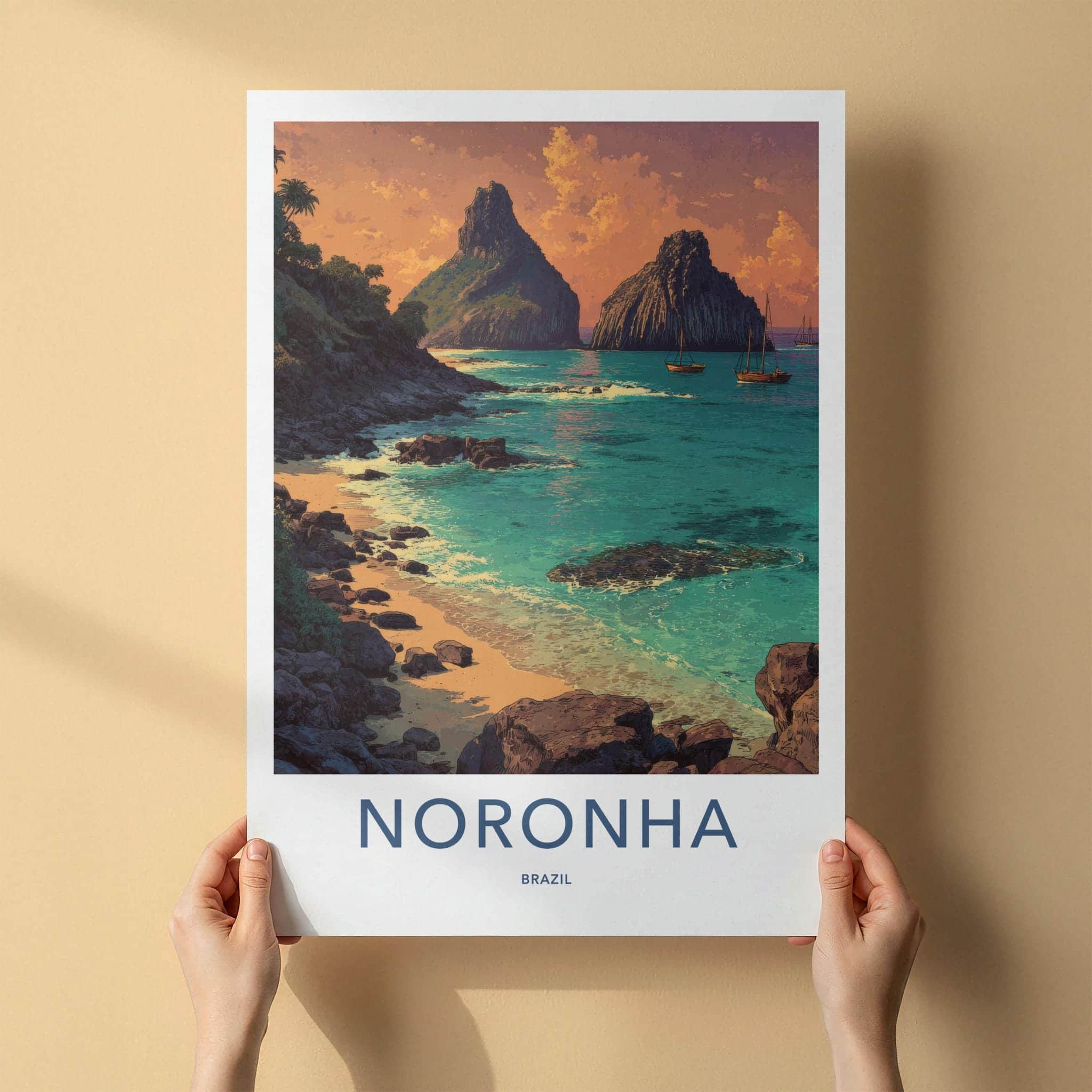 Noronha Poster - Brazil Travel Art - Volcanic Beach Sunset Home Decor