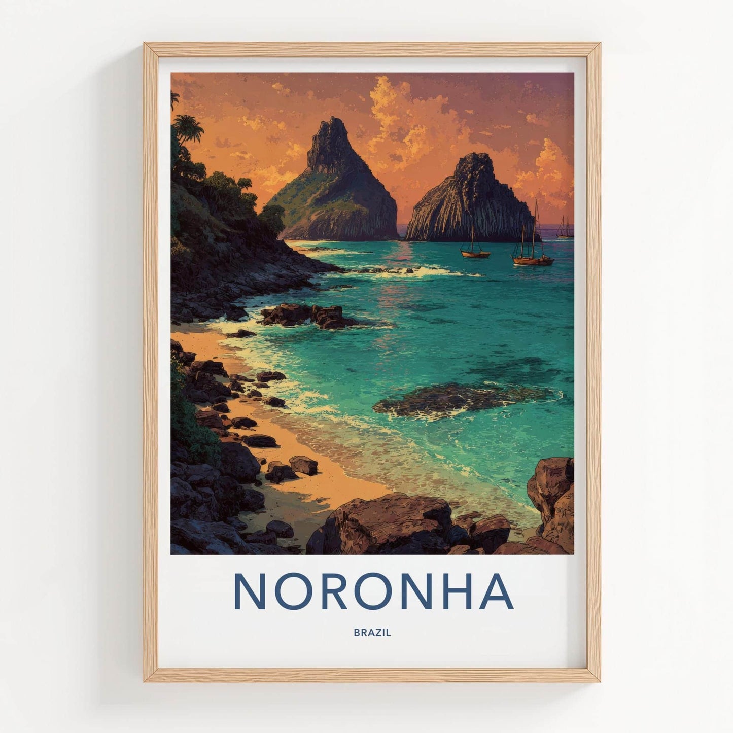Noronha Poster - Brazil Travel Art - Volcanic Beach Sunset Home Decor