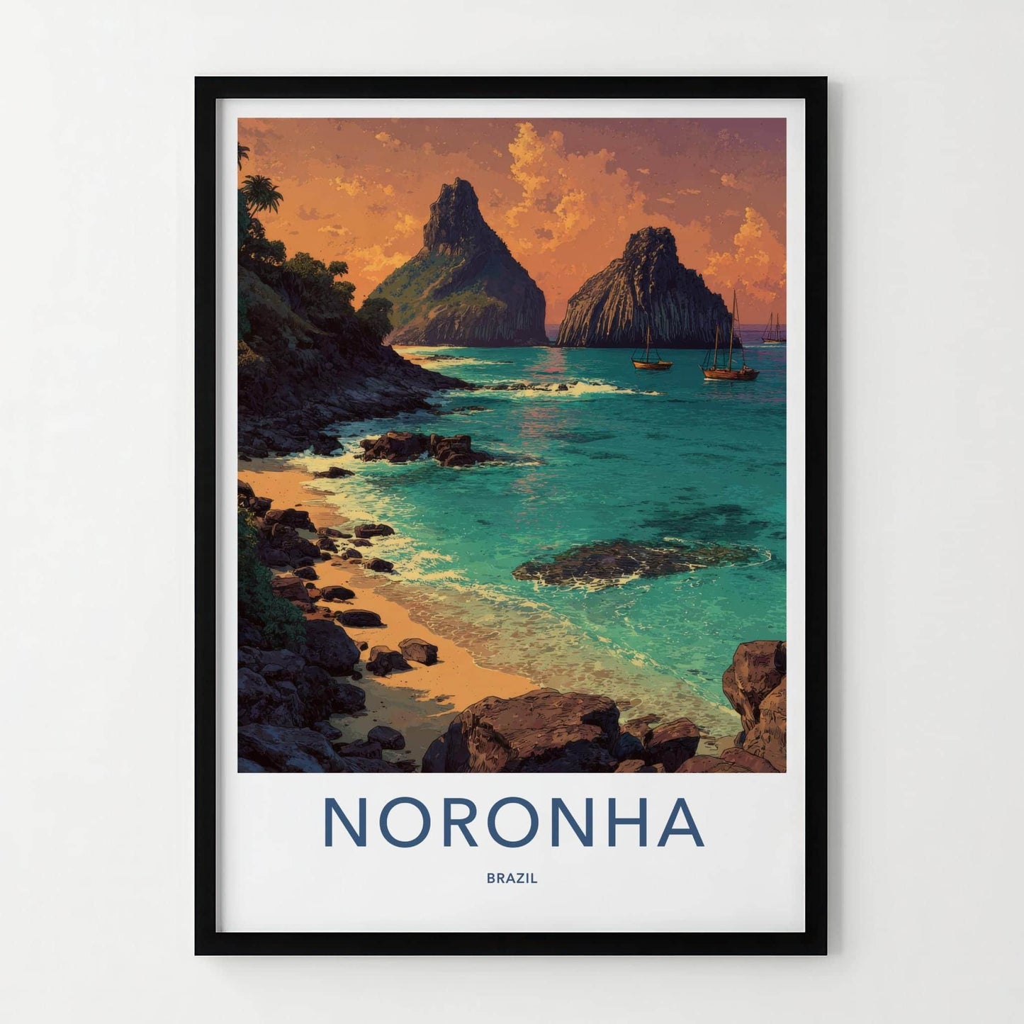 Noronha Poster - Brazil Travel Art - Volcanic Beach Sunset Home Decor