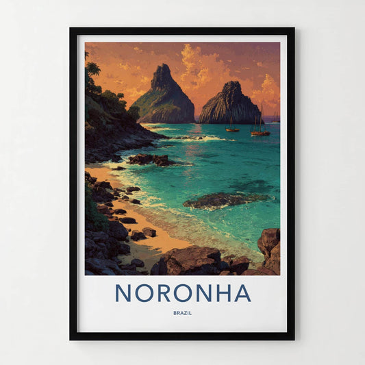 Noronha Poster - Brazil Travel Art - Volcanic Beach Sunset Home Decor