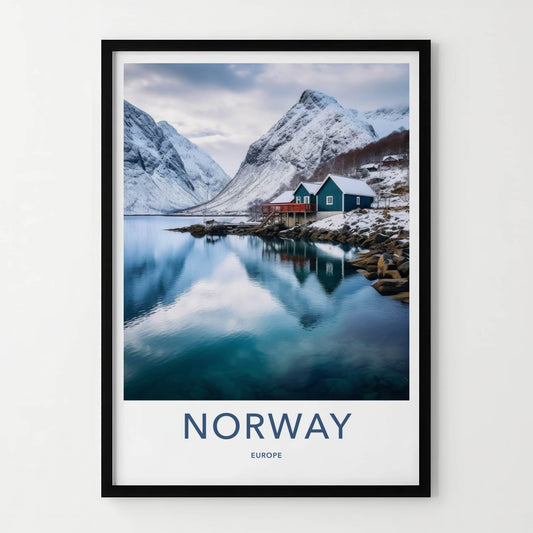 Norway Poster - Norway Travel Art - Winter Mountain Village Home Decor