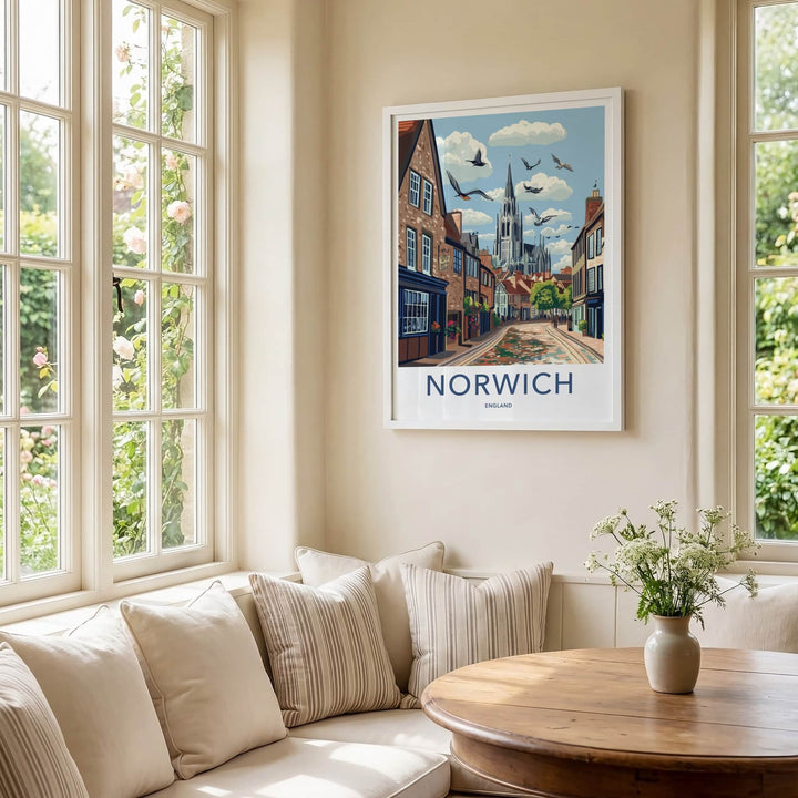 Norwich Poster - England Travel Art - Historic Street Scene Home Decor
