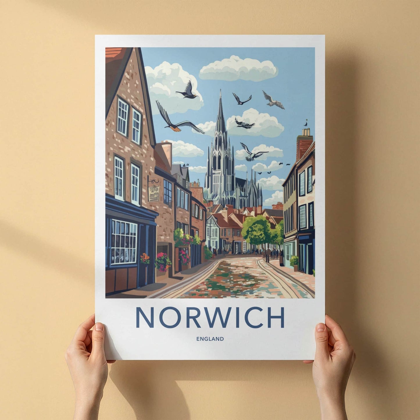 Norwich Poster - England Travel Art - Historic Street Scene Home Decor