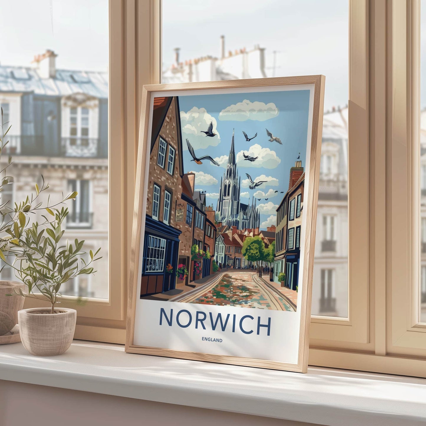 Norwich Poster - England Travel Art - Historic Street Scene Home Decor