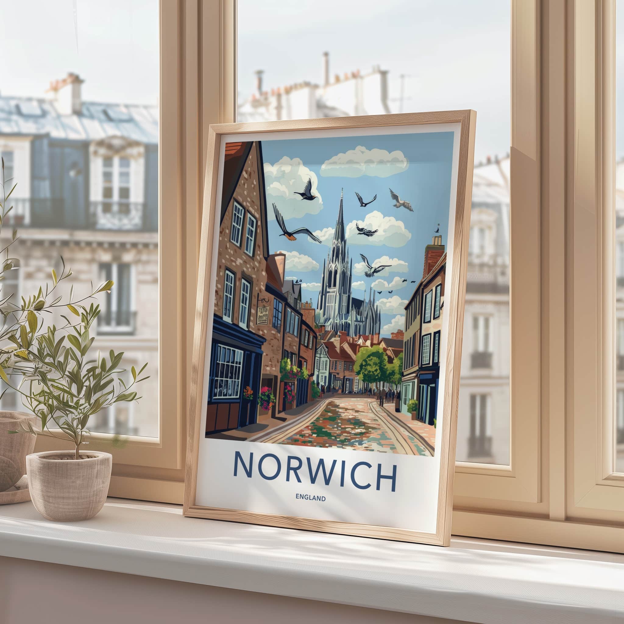 Norwich Poster - England Travel Art - Historic Street Scene Home Decor