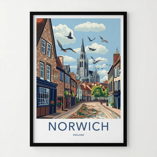 Norwich Poster - England Travel Art - Historic Street Scene Home Decor