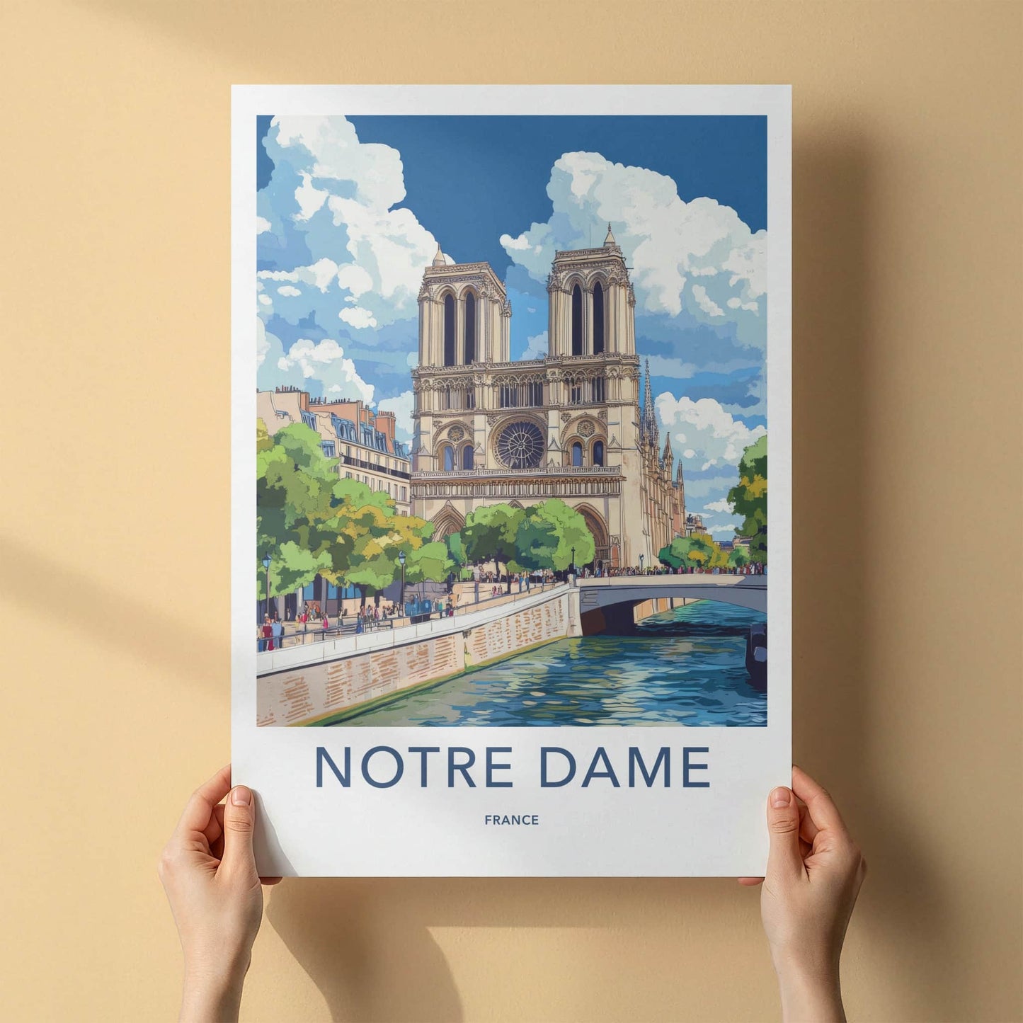 Notre Dame Poster - France Travel Art - Historic River Scene Home Decor