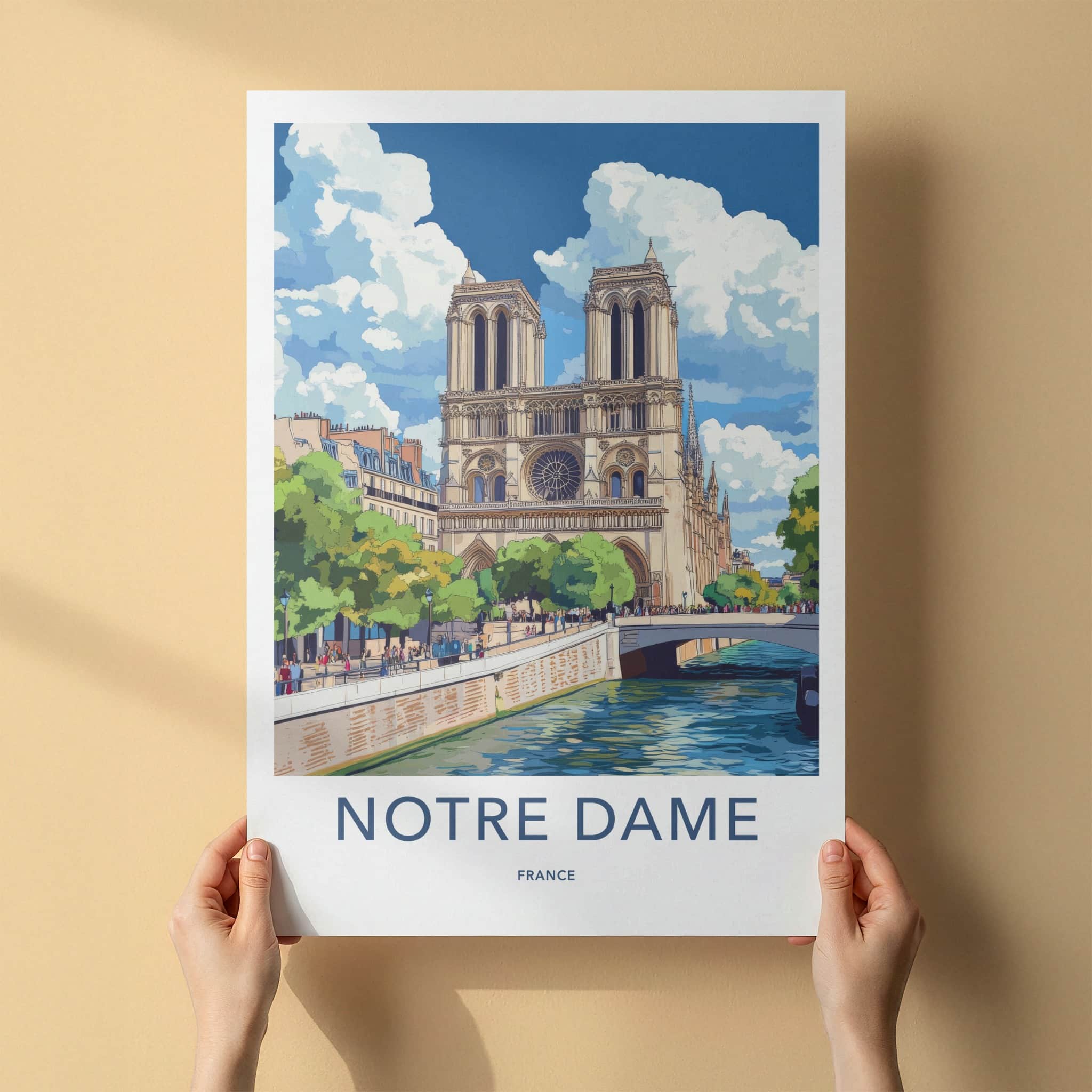 Notre Dame Poster - France Travel Art - Historic River Scene Home Decor