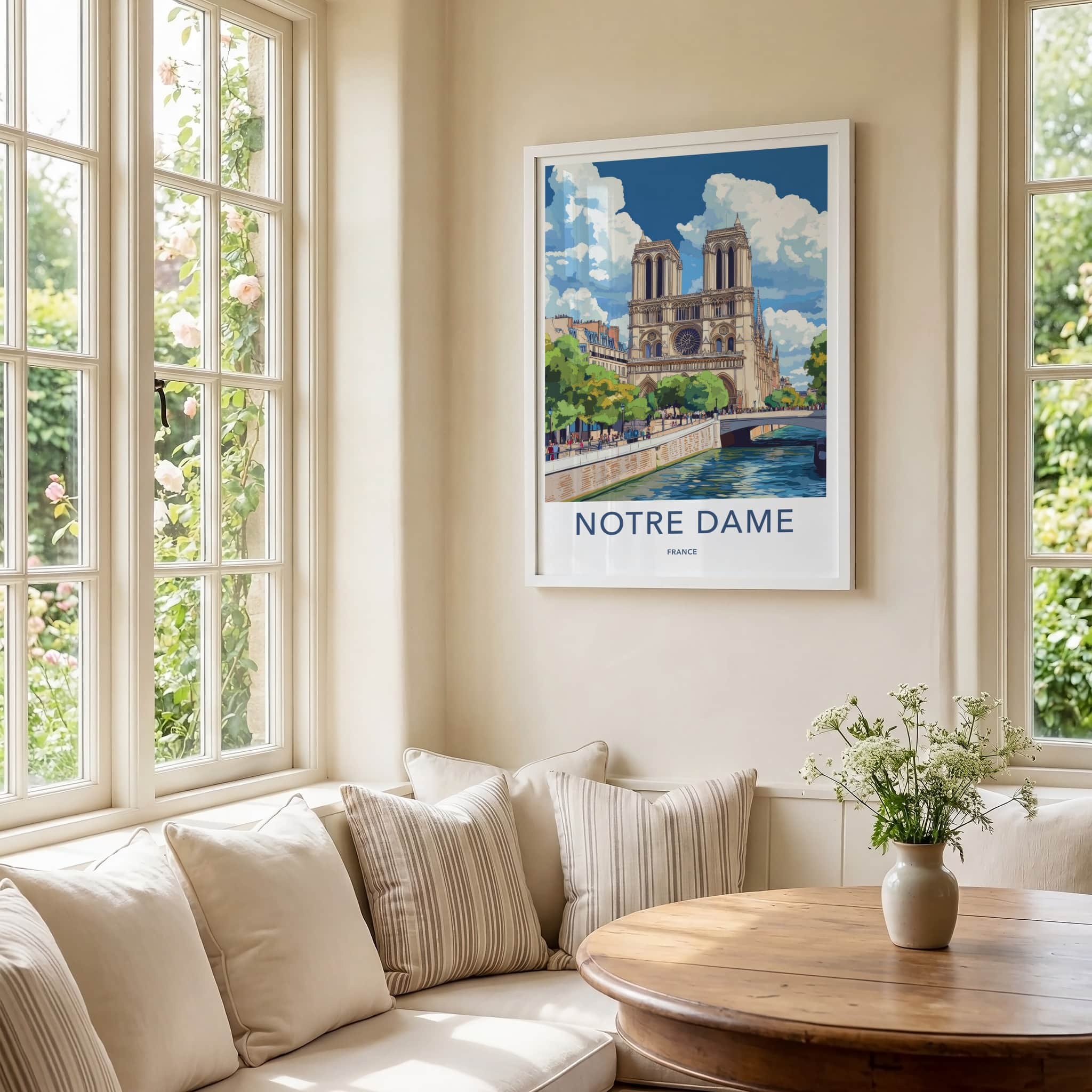 Notre Dame Poster - France Travel Art - Historic River Scene Home Decor