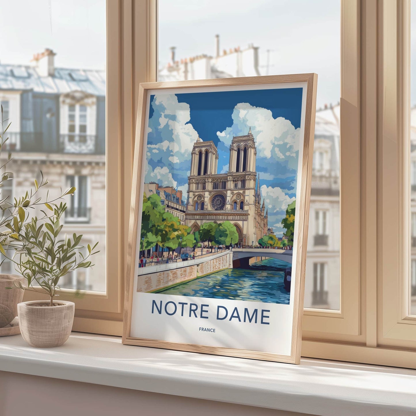 Notre Dame Poster - France Travel Art - Historic River Scene Home Decor