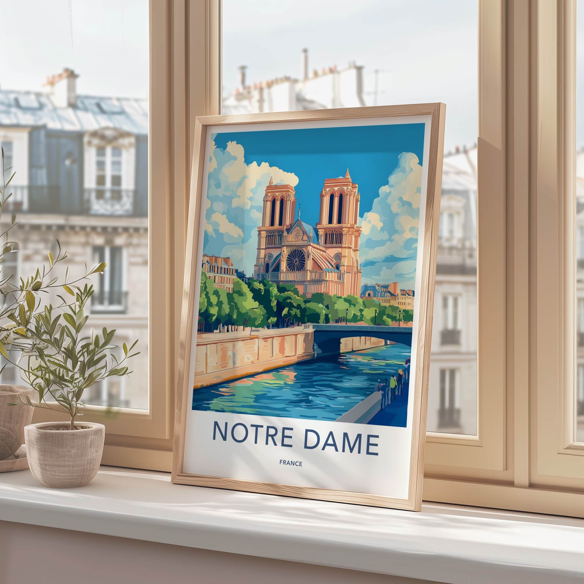 Notre Dame Poster - France Travel Art - Riverfront Cathedral View Home Decor