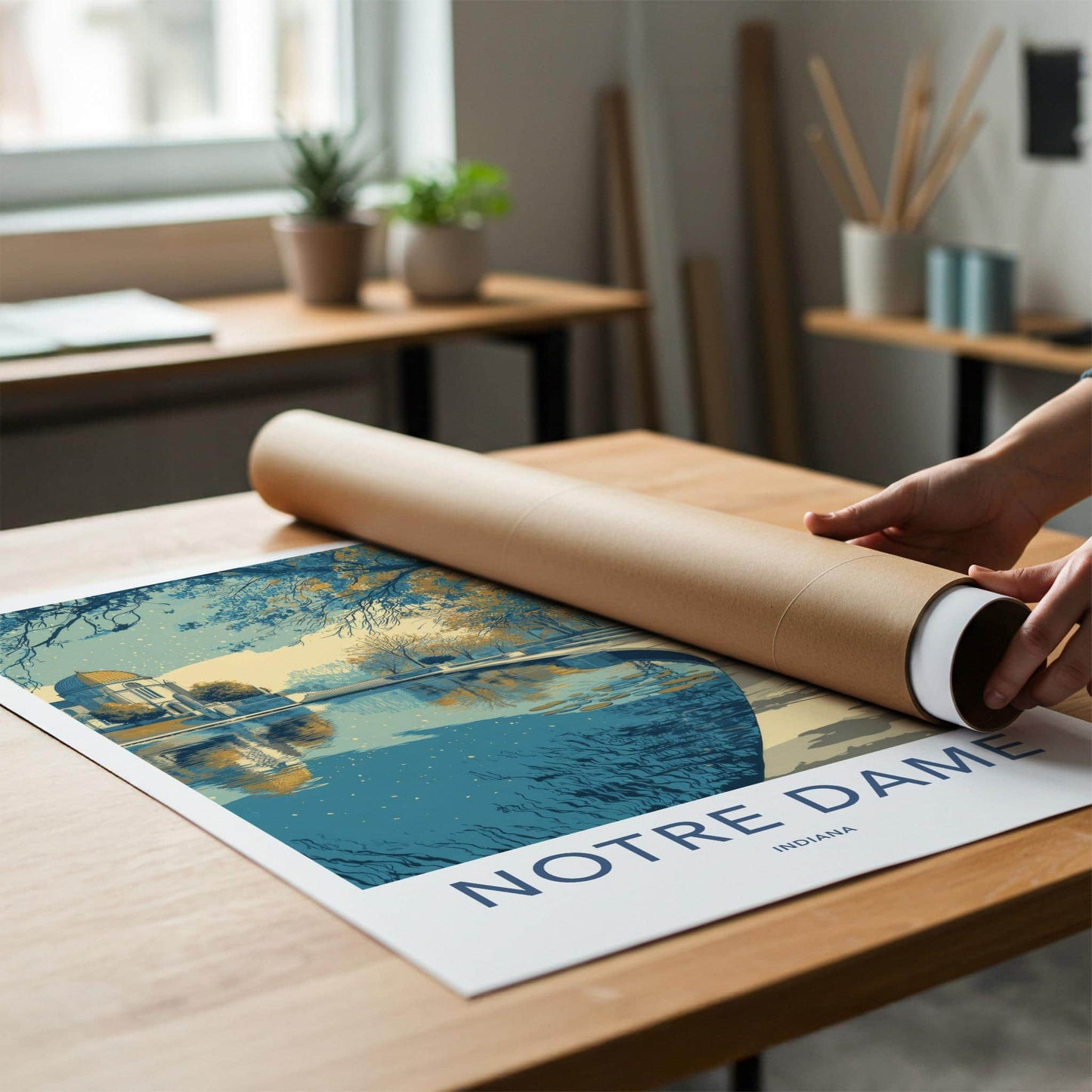 Notre Dame Poster - Indiana Travel Art - Campus Water Reflection Home Decor