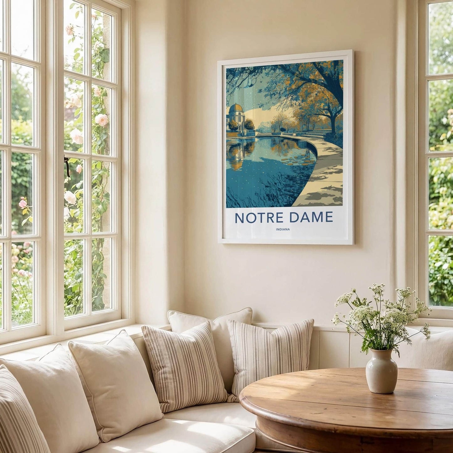 Notre Dame Poster - Indiana Travel Art - Campus Water Reflection Home Decor