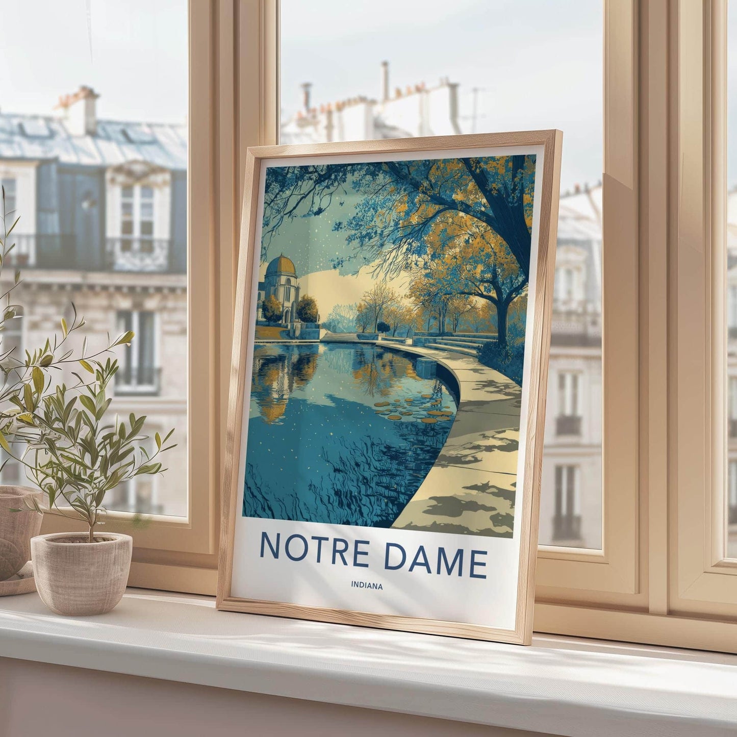 Notre Dame Poster - Indiana Travel Art - Campus Water Reflection Home Decor