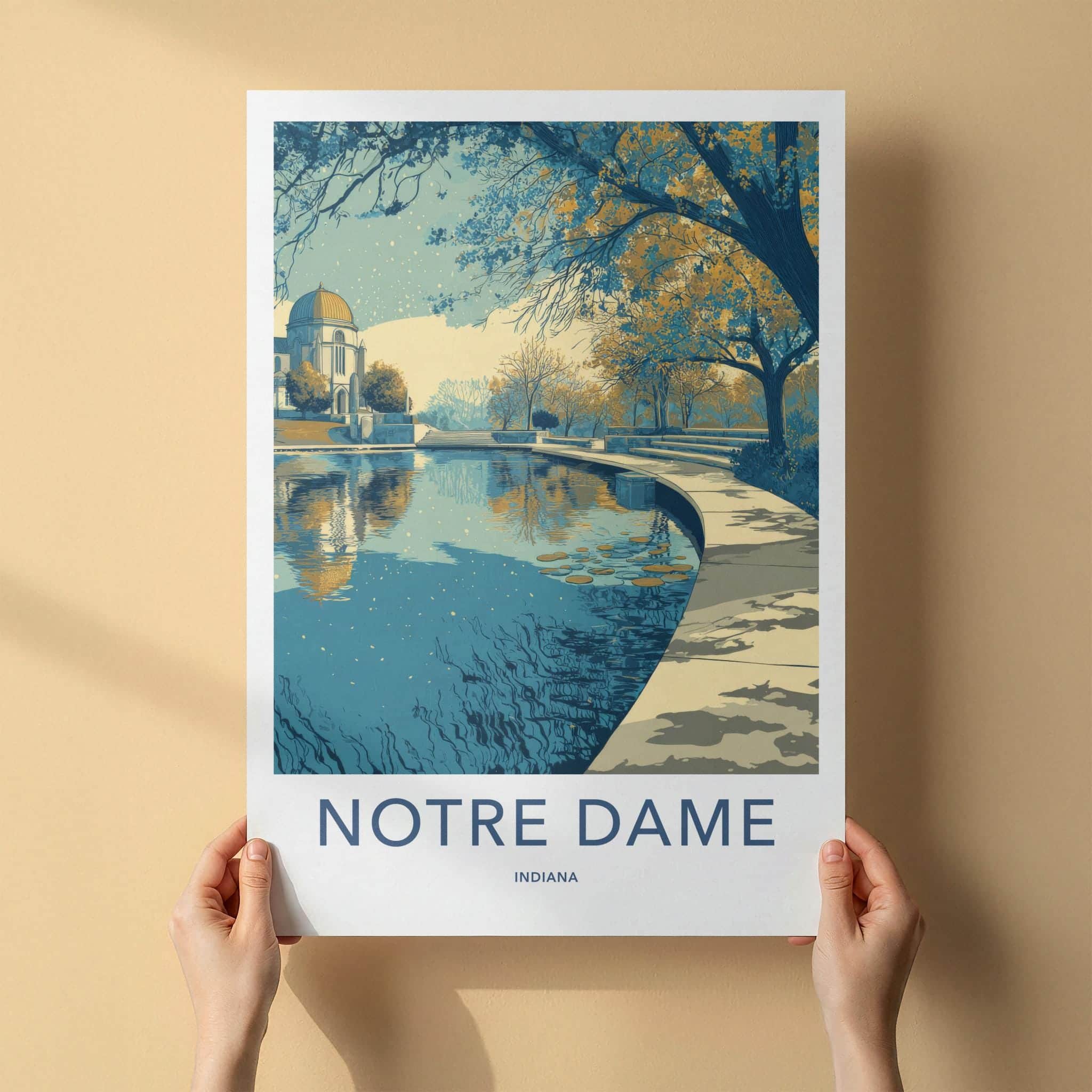 Notre Dame Poster - Indiana Travel Art - Campus Water Reflection Home Decor