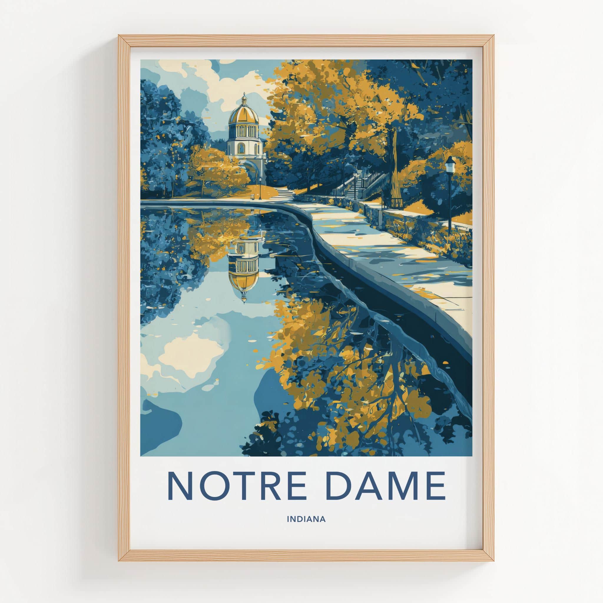 Notre Dame Poster - Indiana Travel Art - Golden Dome Reflection Home Decor