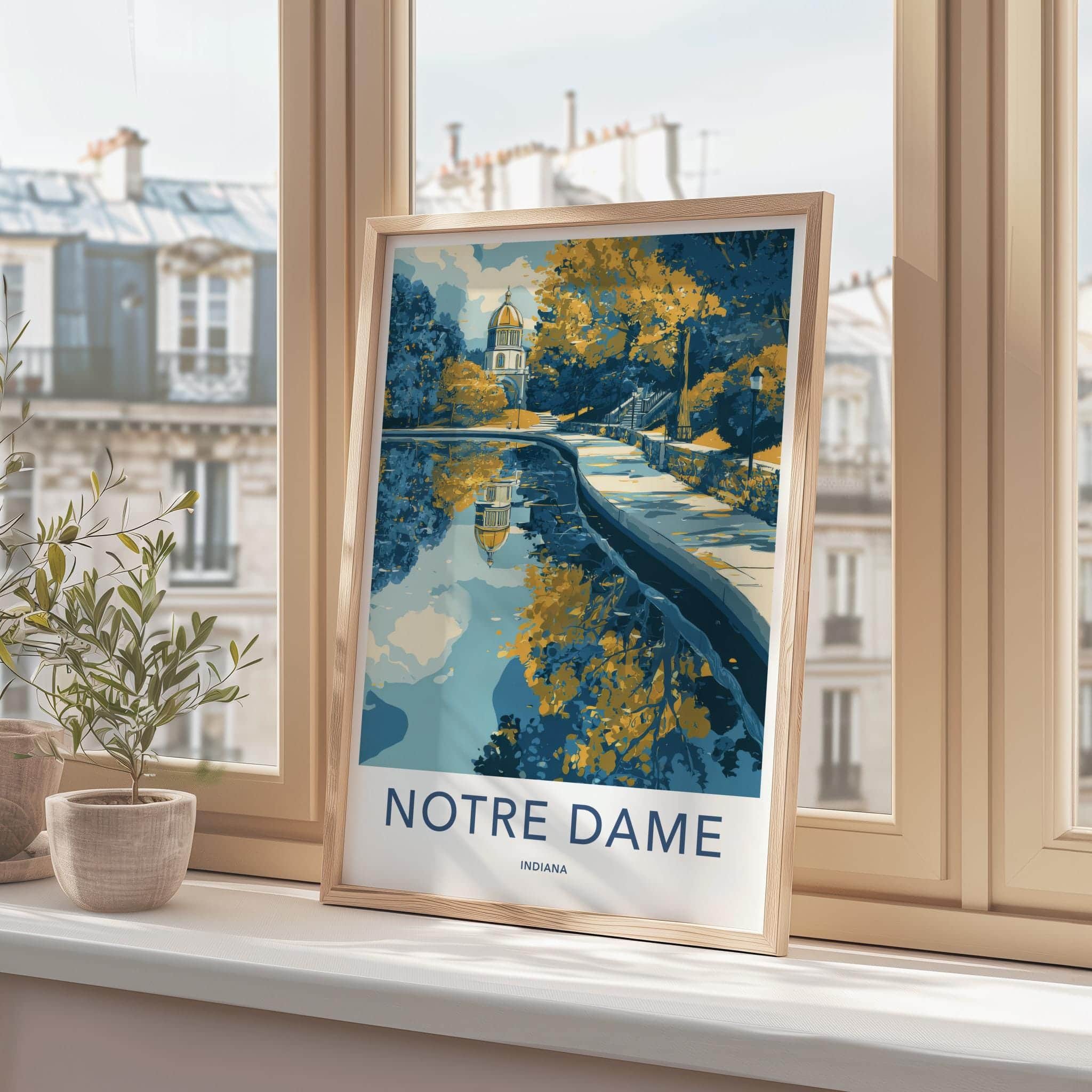 Notre Dame Poster - Indiana Travel Art - Golden Dome Reflection Home Decor