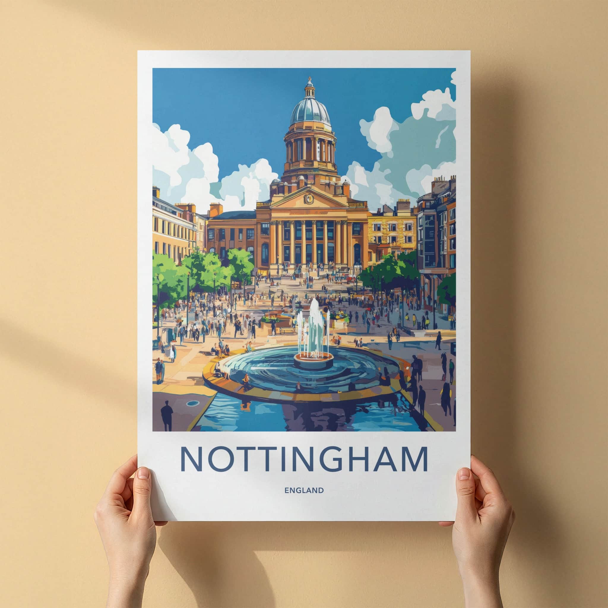 Nottingham Poster - England Travel Art - City Square Fountain Home Decor