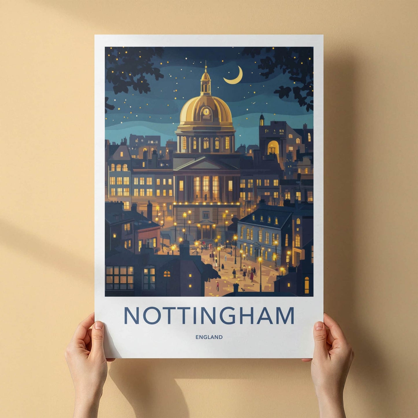 Nottingham Poster - England Wall Art - Moonlit City Square Home Decor