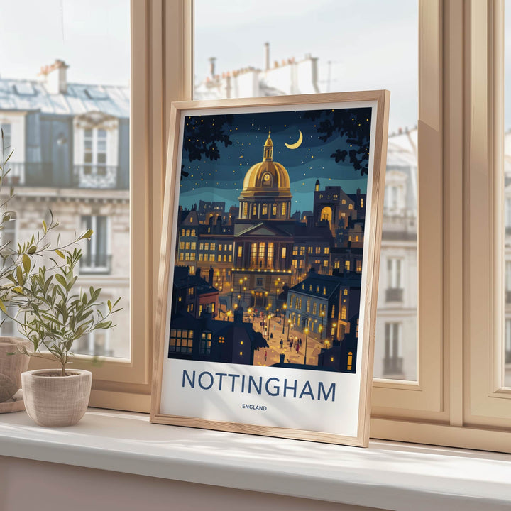 Nottingham Poster - England Wall Art - Moonlit City Square Home Decor
