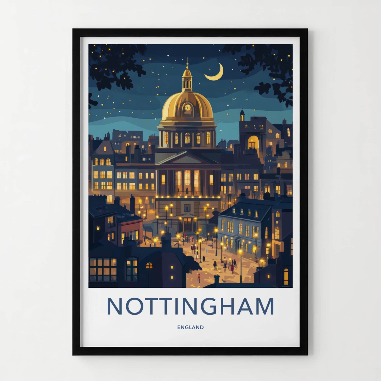 Nottingham Poster - England Wall Art - Moonlit City Square Home Decor