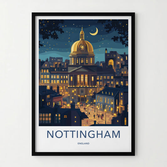 Nottingham Poster - England Wall Art - Moonlit City Square Home Decor