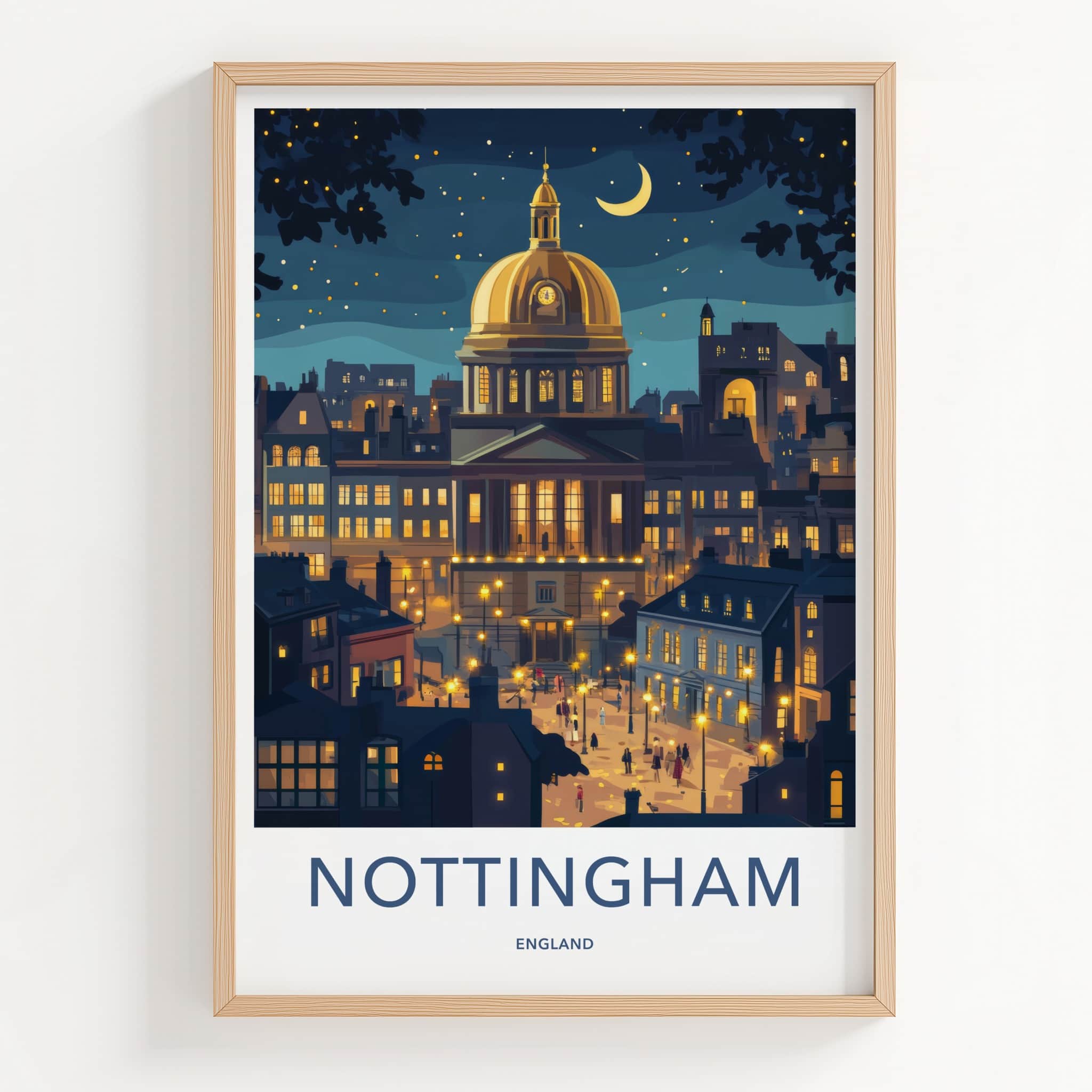 Nottingham Poster - England Wall Art - Moonlit City Square Home Decor