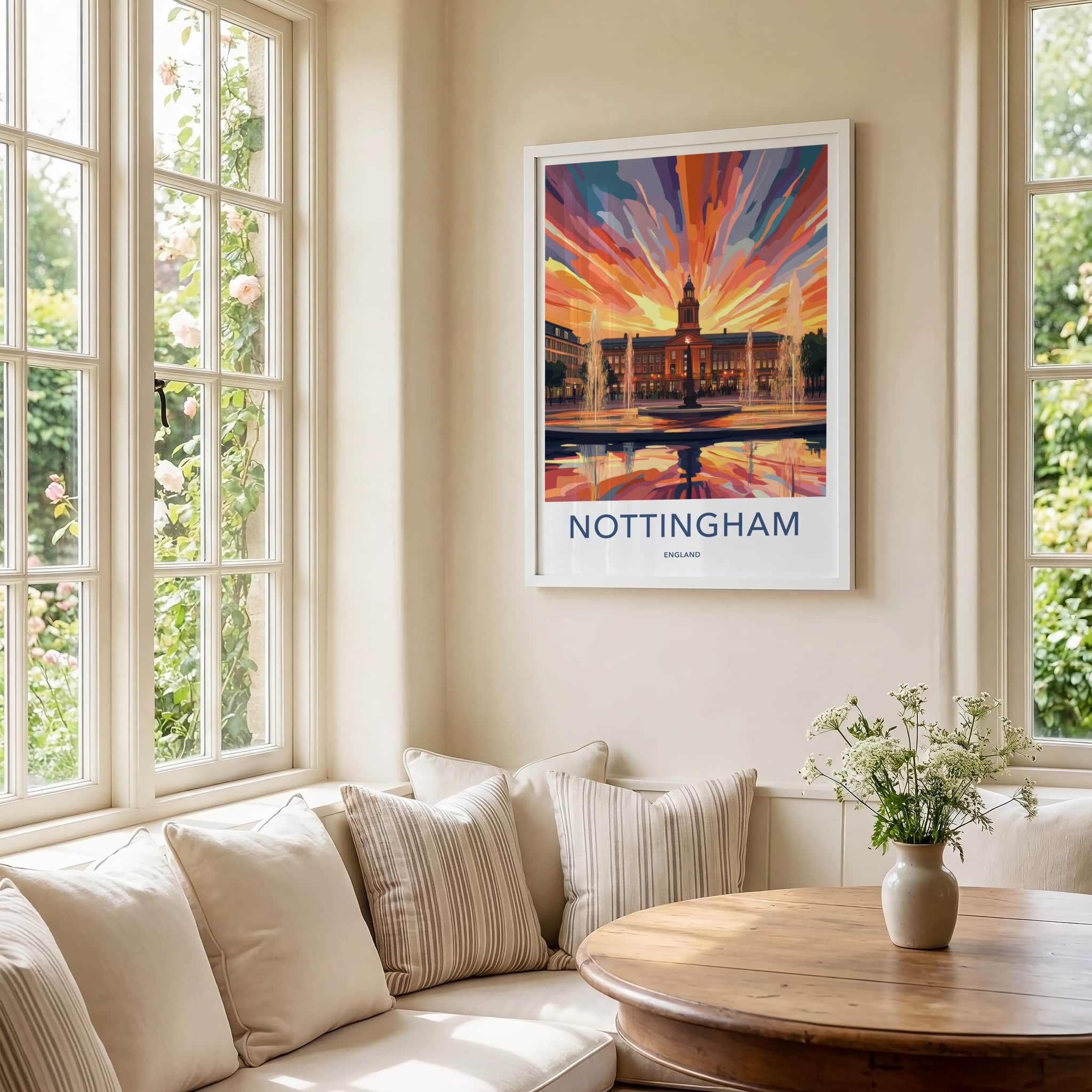 Nottingham Poster - England Wall Art - Vibrant Sunset Fountains Home Decor
