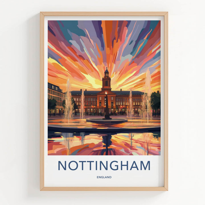 Nottingham Poster - England Wall Art - Vibrant Sunset Fountains Home Decor