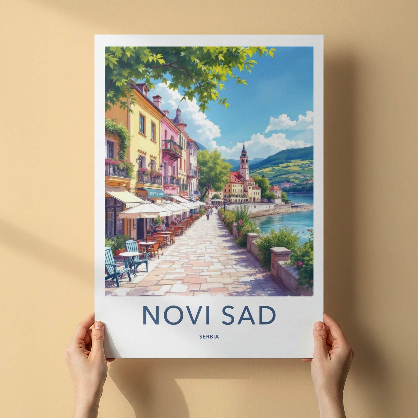 Novi Sad Poster - Serbia Travel Art - Vibrant Cafe Riverwalk Home Decor