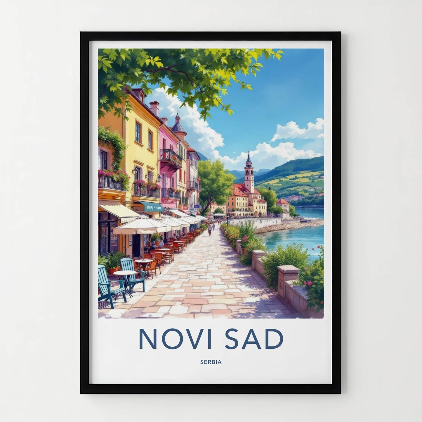 Novi Sad Poster - Serbia Travel Art - Vibrant Cafe Riverwalk Home Decor
