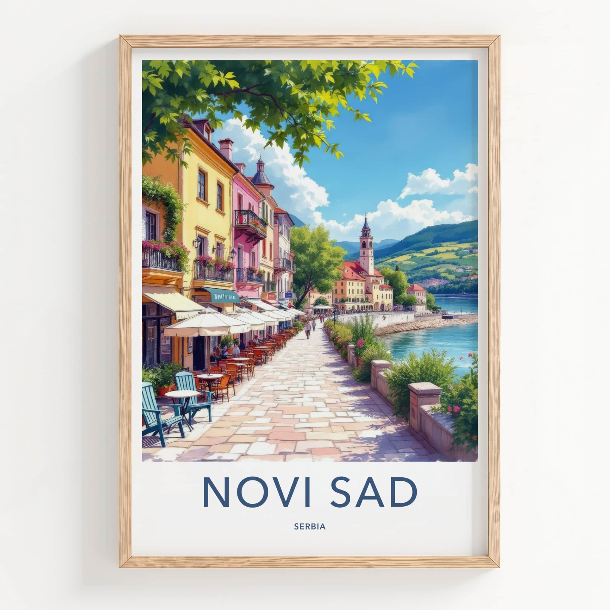 Novi Sad Poster - Serbia Travel Art - Vibrant Cafe Riverwalk Home Decor