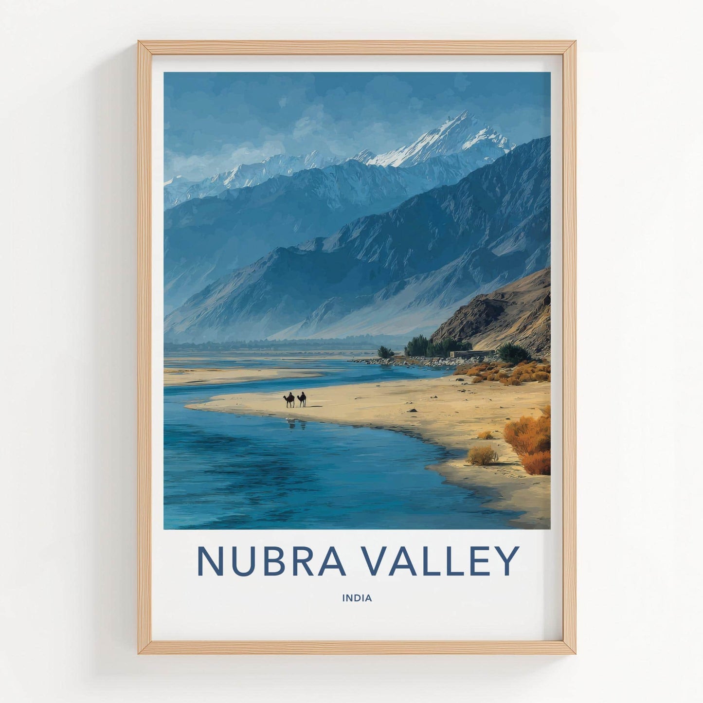 Nubra Valley Poster - India Travel Art - Ladakh Mountain River Camels Home Decor