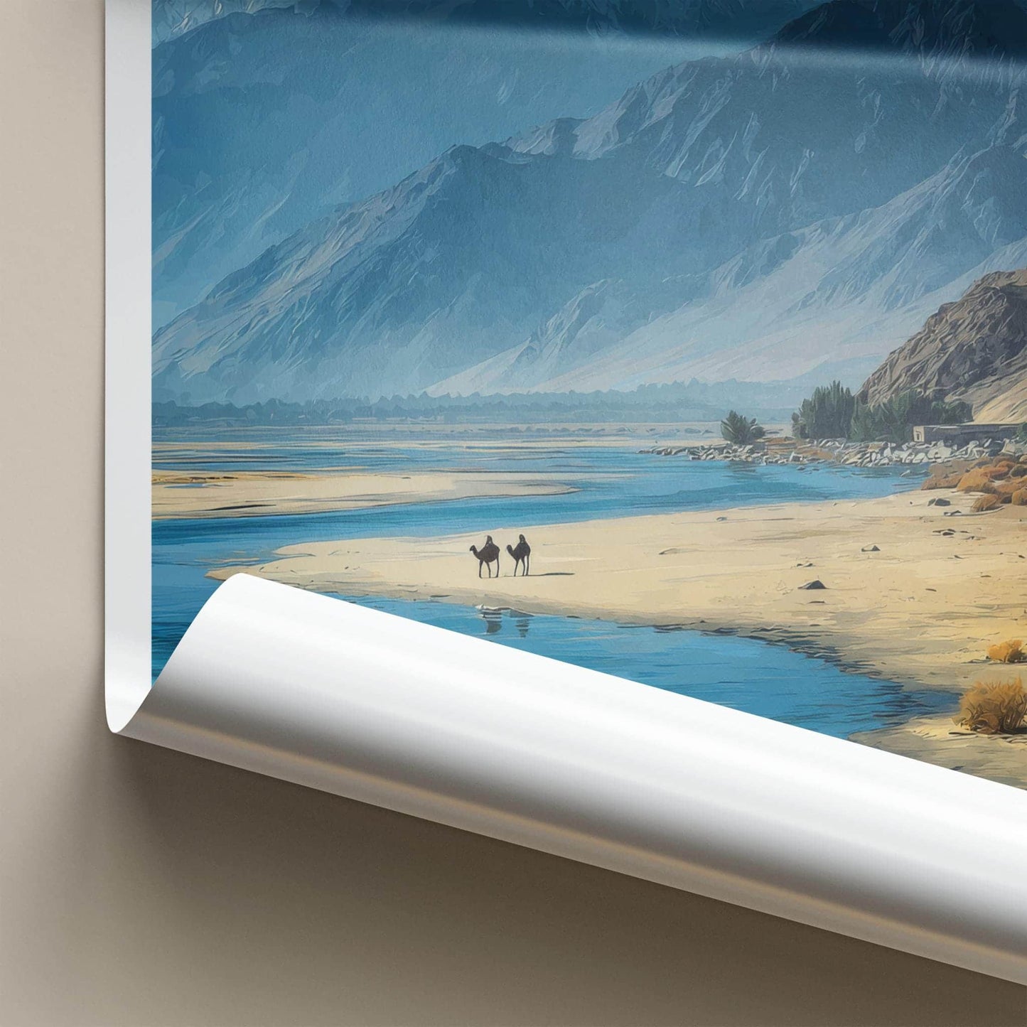 Nubra Valley Poster - India Travel Art - Ladakh Mountain River Camels Home Decor