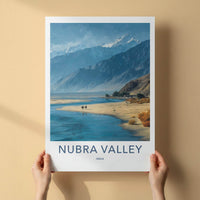 Nubra Valley Poster - India Travel Art - Ladakh Mountain River Camels Home Decor