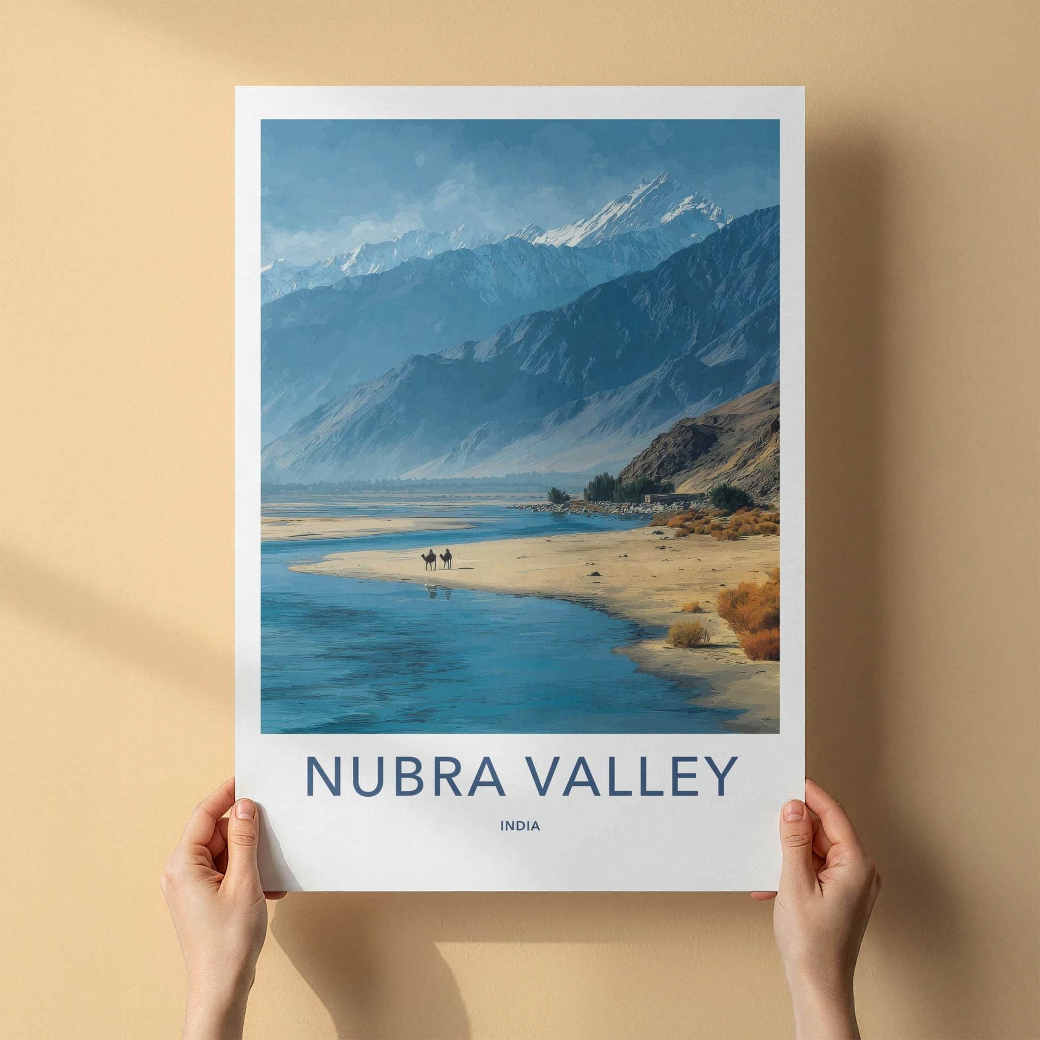 Nubra Valley Poster - India Travel Art - Ladakh Mountain River Camels Home Decor