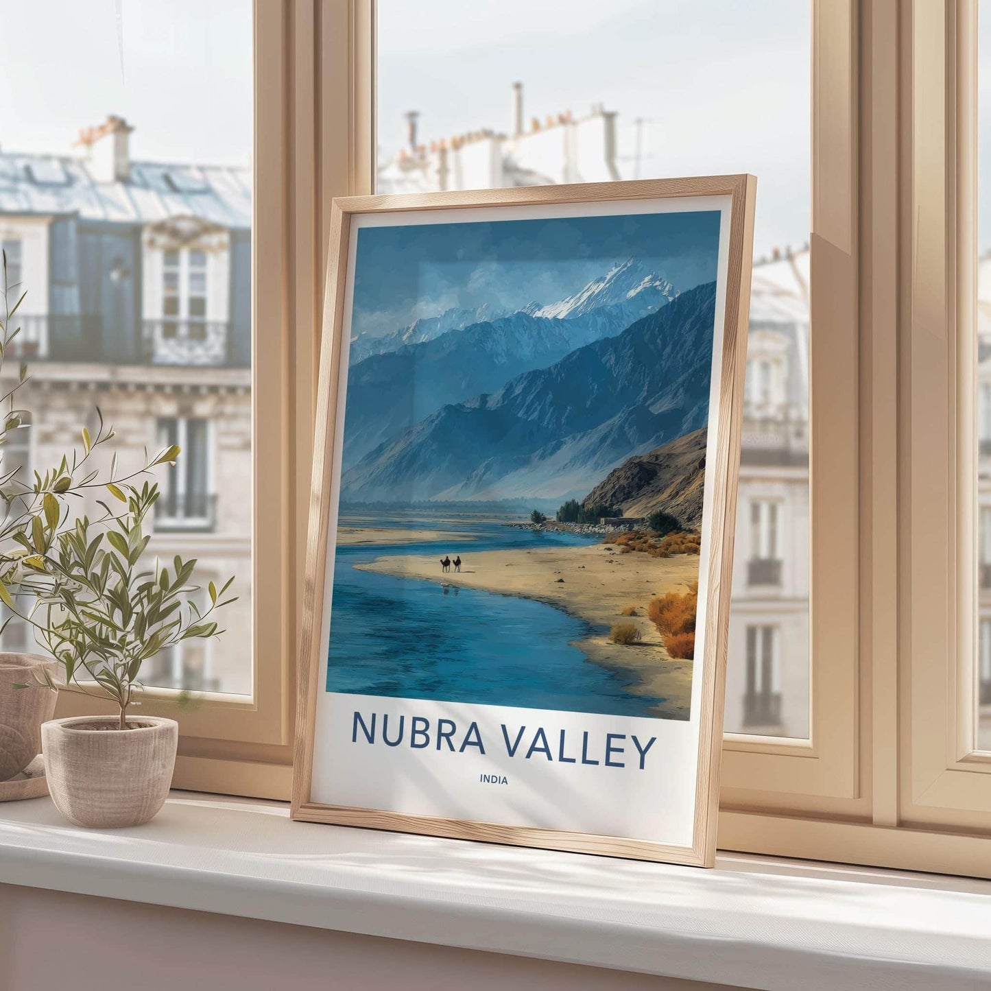 Nubra Valley Poster - India Travel Art - Ladakh Mountain River Camels Home Decor