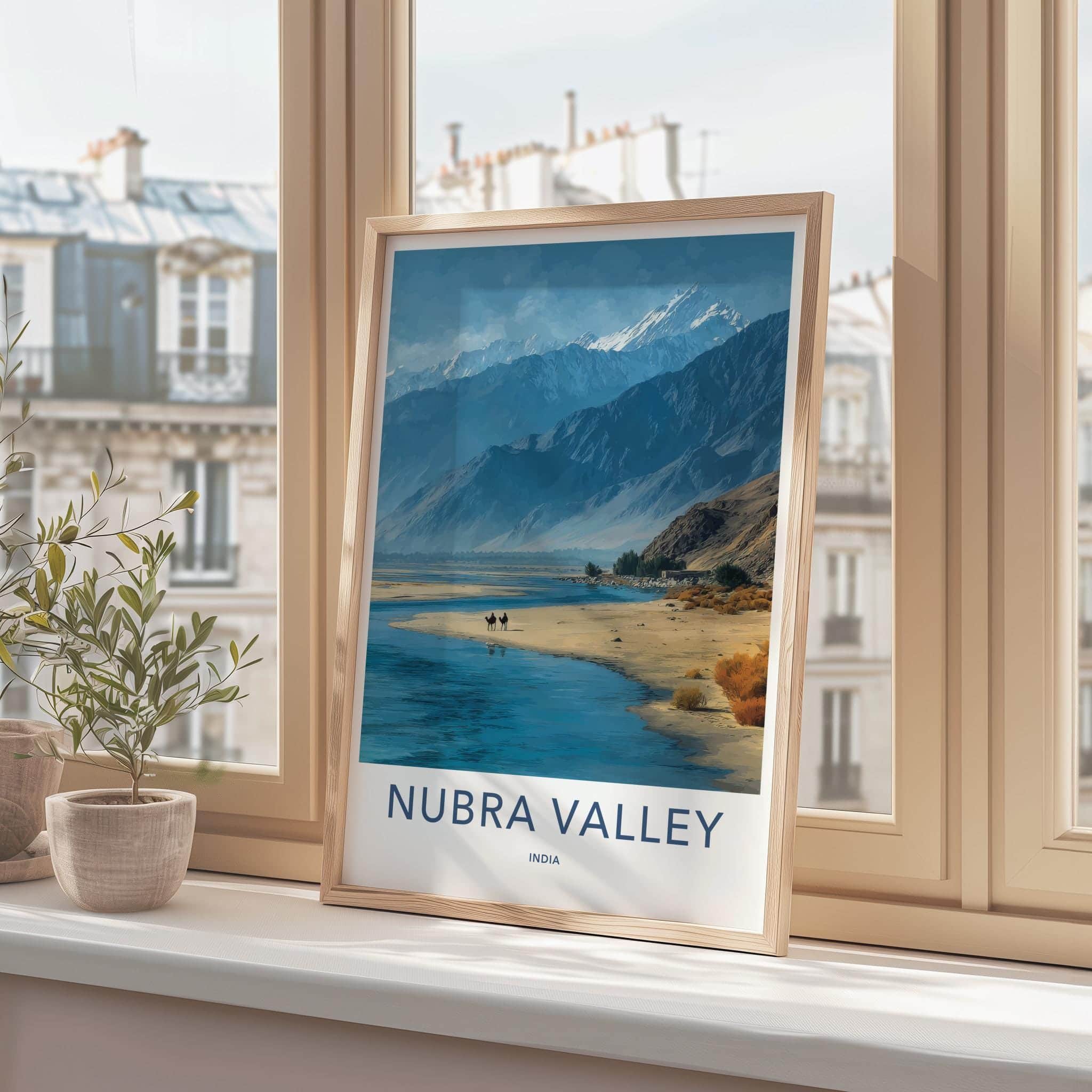 Nubra Valley Poster - India Travel Art - Ladakh Mountain River Camels Home Decor