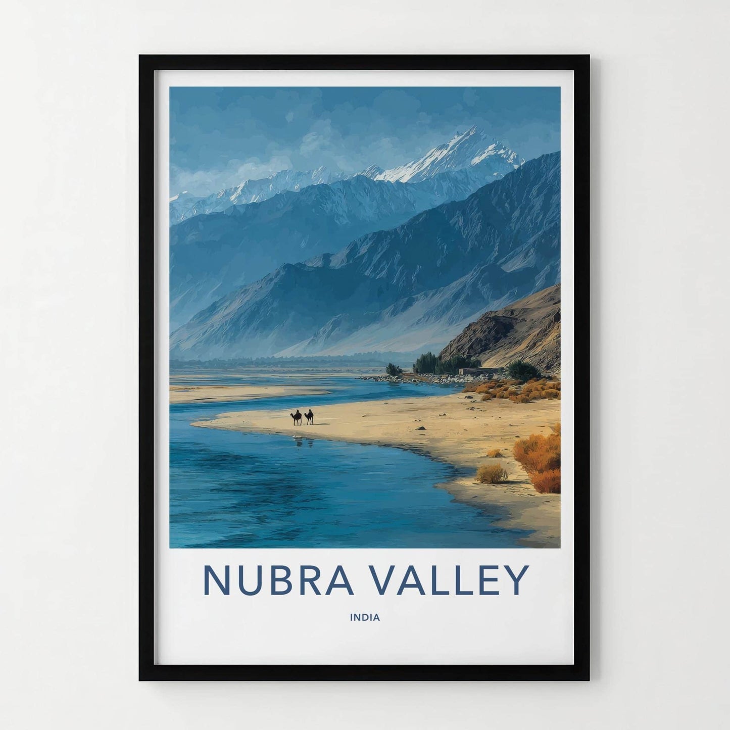 Nubra Valley Poster - India Travel Art - Ladakh Mountain River Camels Home Decor