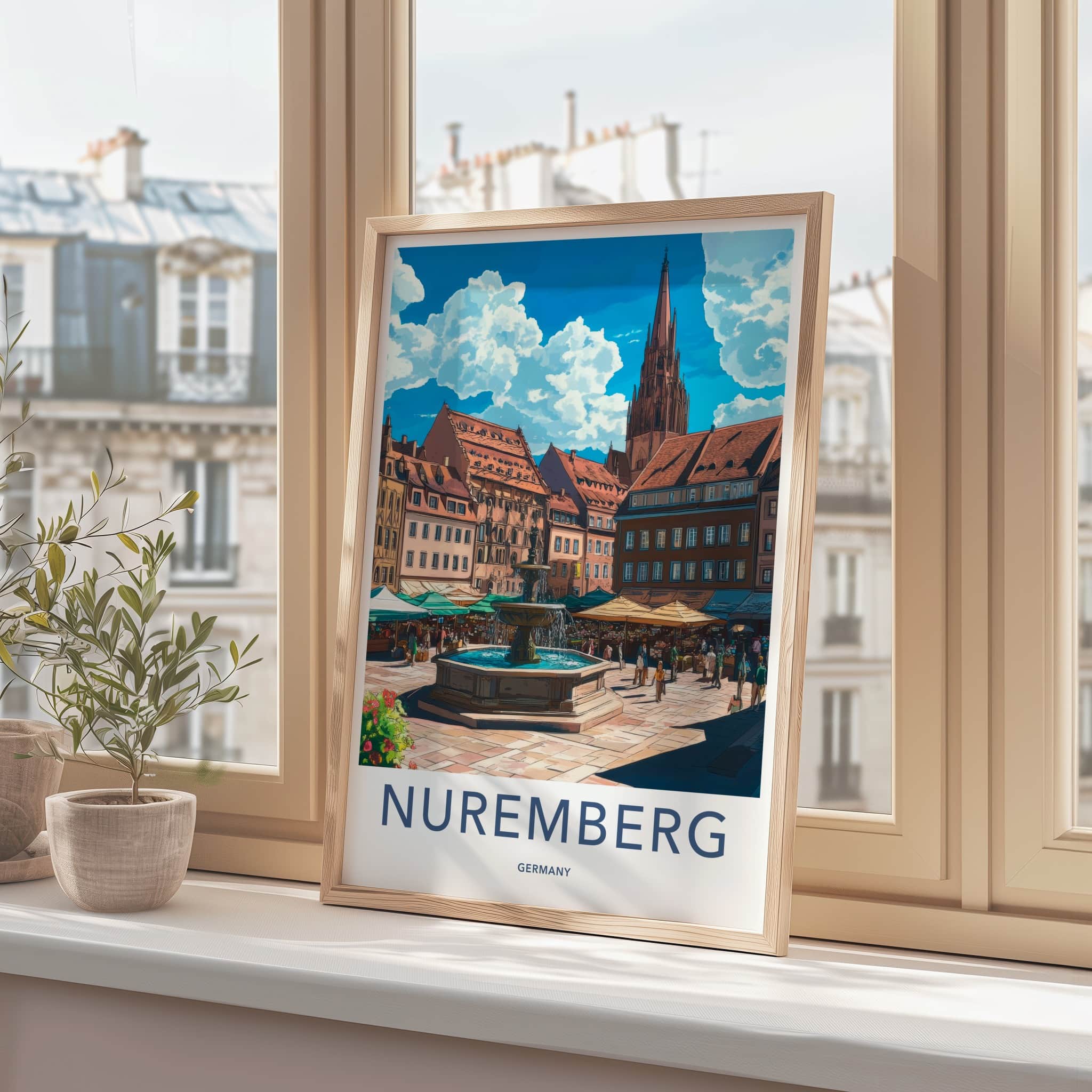 Nuremberg Poster - Germany Travel Art - Historic Square Fountain Home Decor